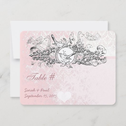  Bird Pink Musical Scroll Wedding Table No. Kaart (Voorkant)