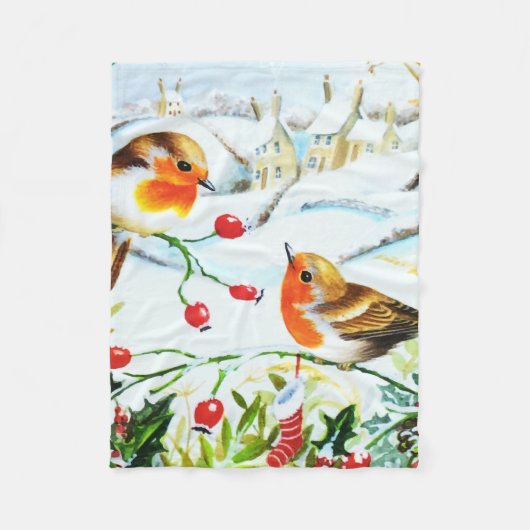 Bird Robin Couple Winter Holly Kerstmis Fleece Deken (Voorkant)
