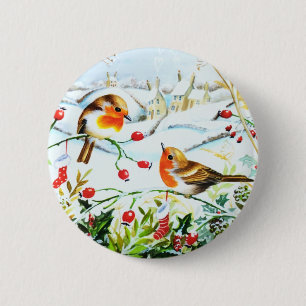 Bird Robin Couple Winter Holly Kerstmis Ronde Button 5,7 Cm