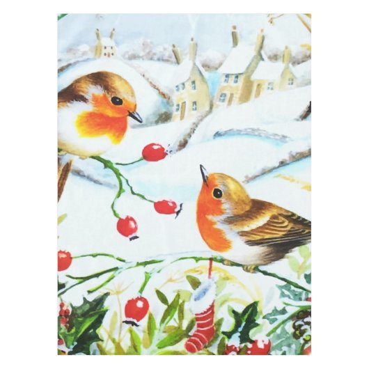 Bird Robin Couple Winter Holly Kerstmis Tafelkleed (Voorkant)