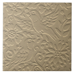 Bird Tan Clay Flowers Embossed Art+Nouveau Natuur Tegeltje