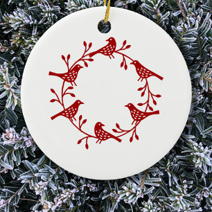 Bird Wreath Red op White Modern Scandi Keramisch Ornament