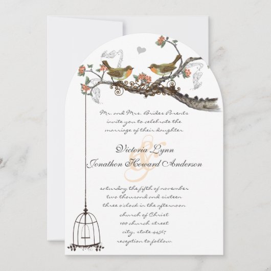 Birdcage Coral & Grey  Birds Wedding Invite Kaart (Voorkant)