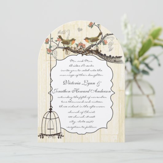 Birdcage Coral & Grey  Birds Wedding Invite Kaart (Staand voorkant)