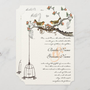 Birdcage Coral & Grey  Birds Wedding Invite Kaart