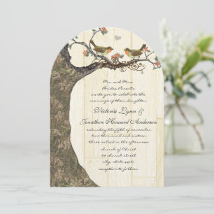 Birdcage Peach & Grey Birds Wedding Invite Kaart