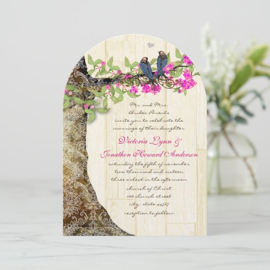 Birdcage Pink Navy  Birds Wedding Damask Kaart (Staand voorkant)