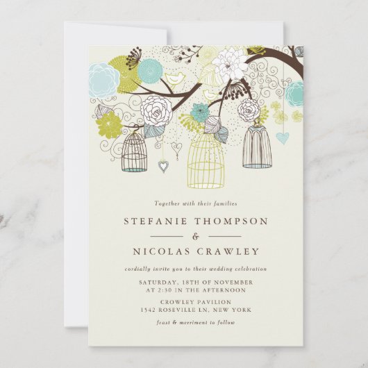 BIRDCAGES FLORAL SPRING WEDDING INVITATION KAART (Voorkant)