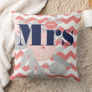 Birde Mrs Lips Navy Coral Gray Zig Zag Floral Kussen