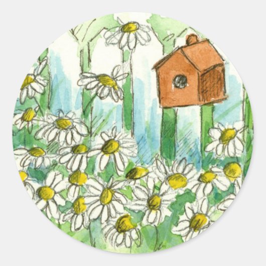 Birdhouse Daisy Garden Waterverf Flowers Ronde Sticker (Voorkant)