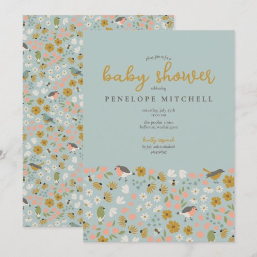 Birds and Bees Floral Baby Shower  Kaart (Voorkant / Achterkant)