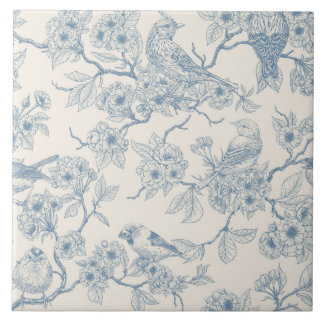 Birds and cherry blossom in blue and off white tegeltje