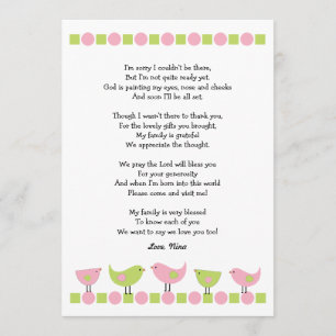 Birds baby shower bedankbriefjes / roze groen kaart