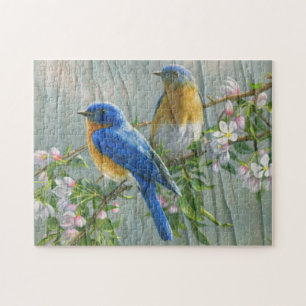 Birds Cherry Blossom Wood Pattern Waterverf Art Legpuzzel