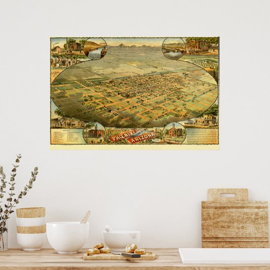 Bird's eye uitzicht map of Phoenix, Arizona in 188 Poster (Keuken)