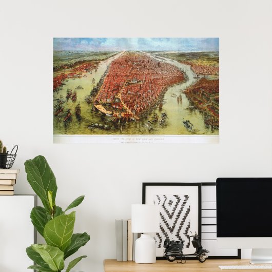 Bird's Eye Uitzicht of Manhattan, Bachmann 1865 Pr Poster (Thuiskantoor)