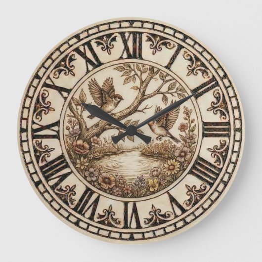 Birds & Flowers Rustic Wall Clock Grote Klok (Voorkant)