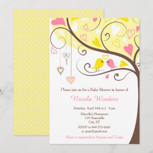 Birds Hearts Tree Yellow en Coral Baby shower Kaart