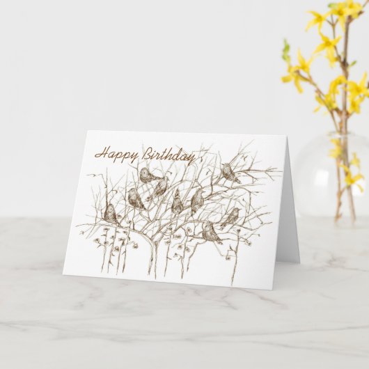 Birds in Tree Pen and Ink Sketch Carte d'anniversa (Fleur jaune)