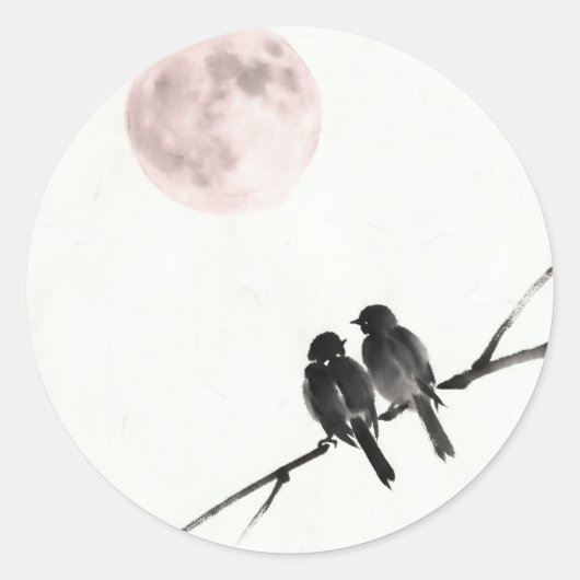 Birds Under Blush Moon Ronde Sticker (Voorkant)