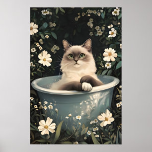 Birmaanse kat in badkuip poster, grappige kat post poster