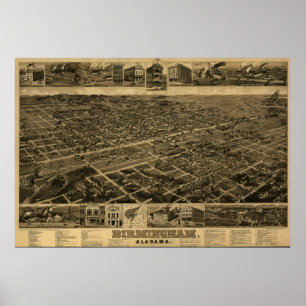 Birmingham, AL Panoramic Map Birds Eye Uitzicht Poster