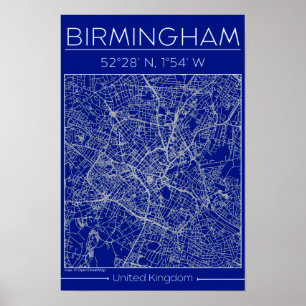 Birmingham Blauwdruk Stadkaart Poster Minimaal Wan