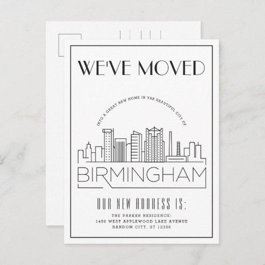 Birmingham Silhouette Moderne Deco Adreswijziging Aankondigingskaart (Voorkant / Achterkant)