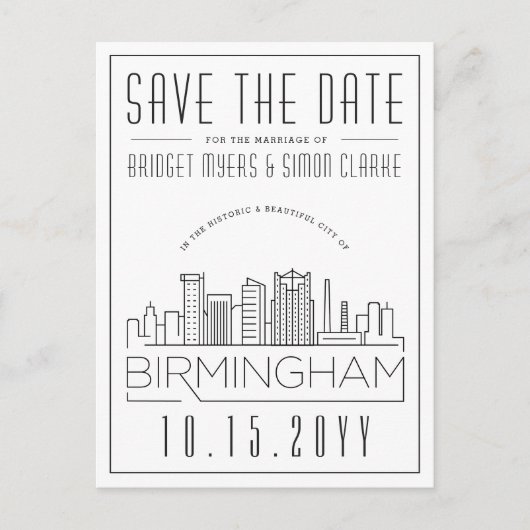 Birmingham Wedding Stylized Skyline Save the Date Briefkaart (Voorkant)