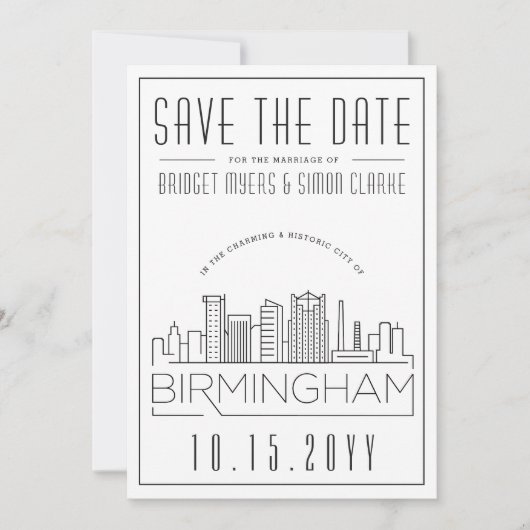 Birmingham Wedding Stylized Skyline Save the Date Kaart (Voorkant)