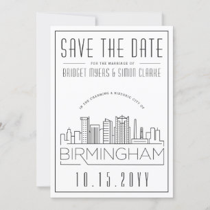 Birmingham Wedding Stylized Skyline Save the Date Kaart