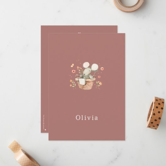 Birth Announcement Card Cute Little Mouse Notitiekaartje (Voorkant / Achterkant in situ)