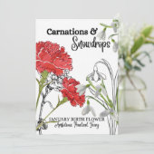 Birth Flower Kaart, januari, anjer, sneeuwval Feestdagenkaart (Staand voorkant)