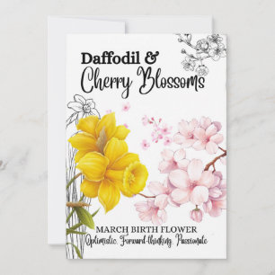 Birth Flower Kaart, March, Daffodil, Cherry Blosso Feestdagenkaart