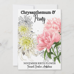Birth Flower, november, Chrysanthemum, Peony Feestdagenkaart