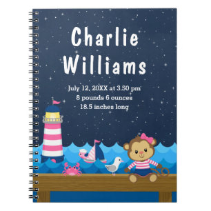 Birth Statistics Nautical Girl Monkey Pink Navy Notitieboek