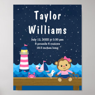Birth Statistics Nautical Girl Monkey Pink Navy Poster