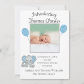 Birth Stats Baby Boy Blue Elephant Baby Aankondiging (Voorkant)