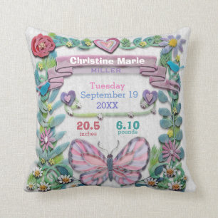 Birth Stats Baby Girl Butterfly met Flowers Kussen