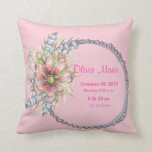 Birth Stats Baby Girl Floral Wreated Sierkussen