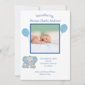 Birth Stats Blue Elephant Baby Birth Aankondiging (Voorkant)
