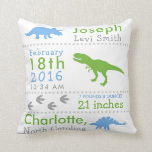 Birth Stats Dinosaur Nursery Pillow Green Blue Kussen