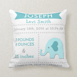 Birth Stats Elephant Nursery Pillow Blauwgroen Aqu Kussen
