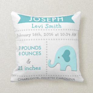Birth Stats Elephant Nursery Pillow Blauwgroen Aqu Kussen