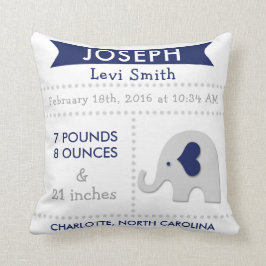 Birth Stats Elephant Nursery Pillow - Navy Gray Kussen