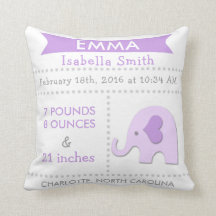 Birth Stats Elephant Nursery Pillow Paars Grey