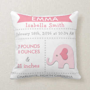 Birth Stats Elephant Nursery Pillow Pink Grey Kussen