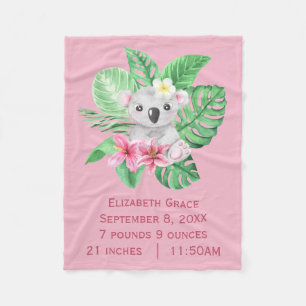 Birth Stats Koala Beer Pink Green Tropical Flowers Fleece Deken