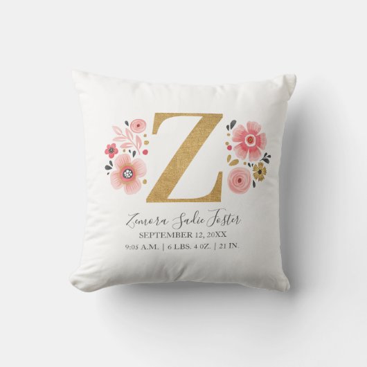 Birth Stats Letter Z Pink Floral Monogram Initiaal Kussen (Voorkant)