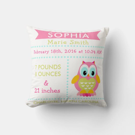 Birth Stats Owl Nursery Pillow roze Kussen (Voorkant)